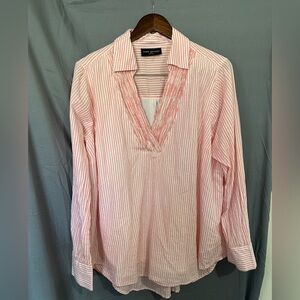 Lane Bryant Pink & White Striped Collared V-Neck Blouse